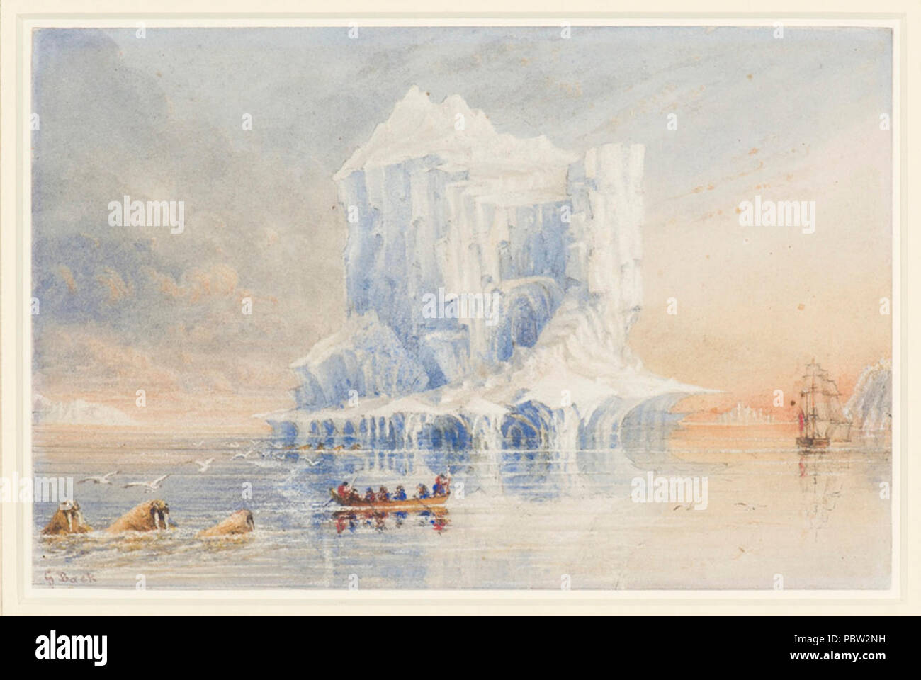 Admiral Sir George Back shows HMS Terror anchored near a cathedral-like iceberg in the waters around Baffin Island. Stock Photo