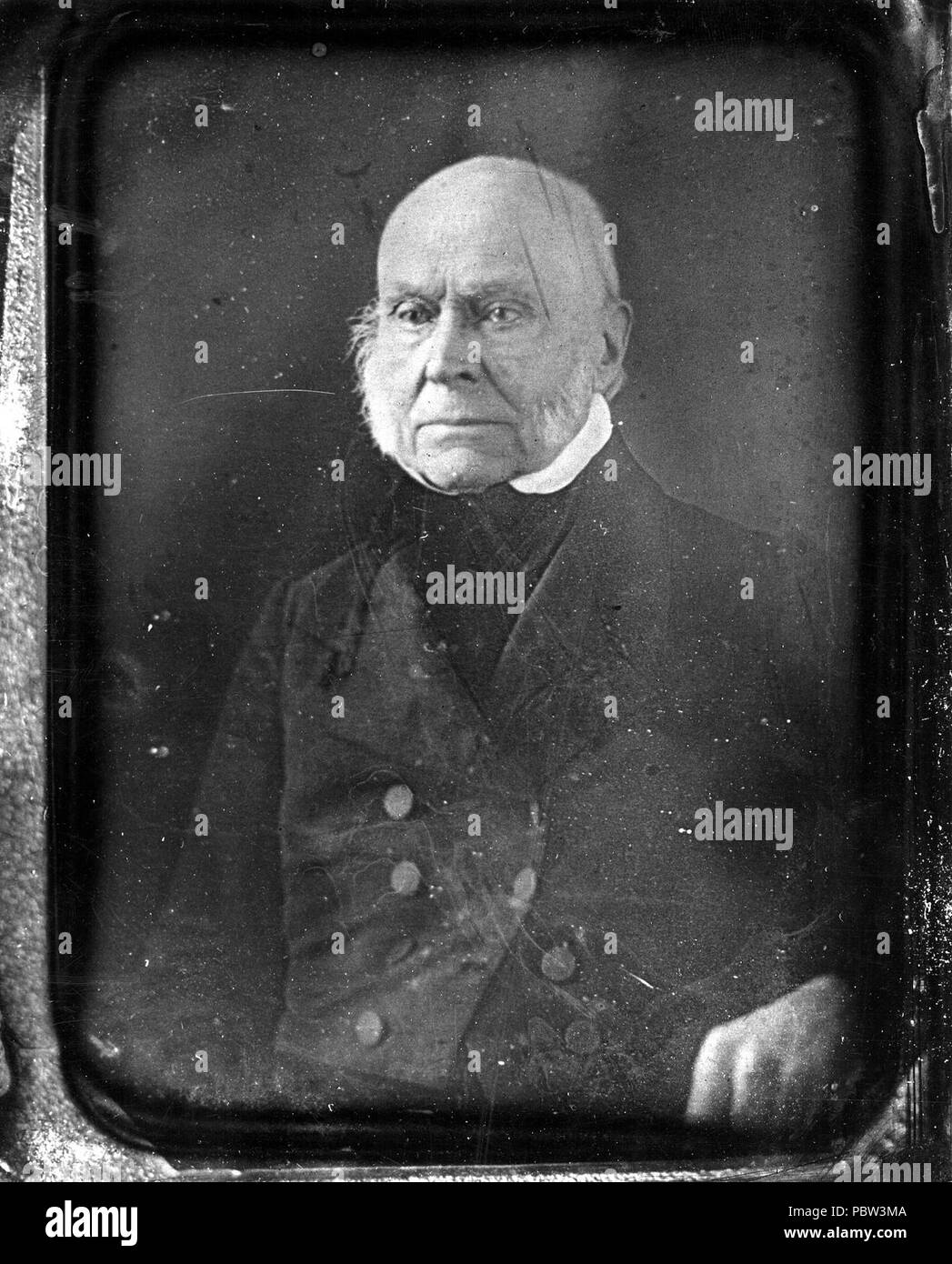 John Quincy Adams daguerreotype c1840s. 'Record Unit 95, Box 1, Folder 18'; 'Portrait of John Quincy Adams. John Quincy Adams (1767-1848), President of the United States and Member of the House of Representatives, strongly supported acceptance of Smithson bequest and urged creation of an astronomical observatory.' Stock Photo