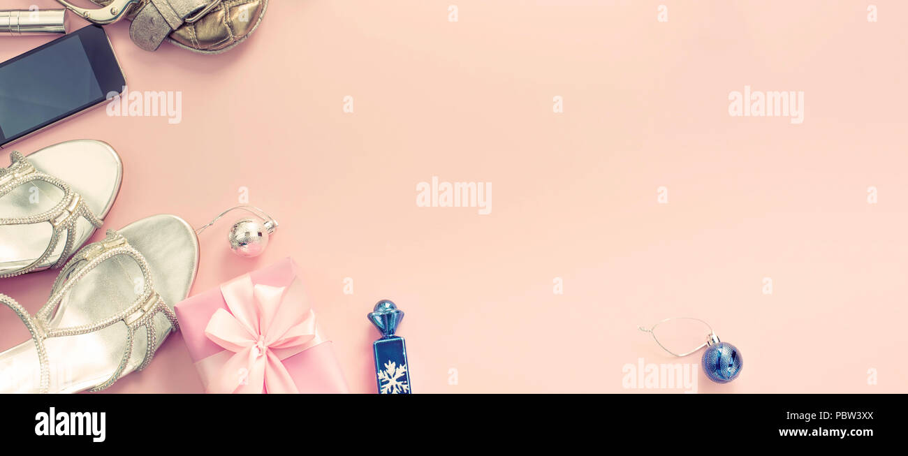 Banner Christmas Background Pink Flat Lay Fashion Accessories