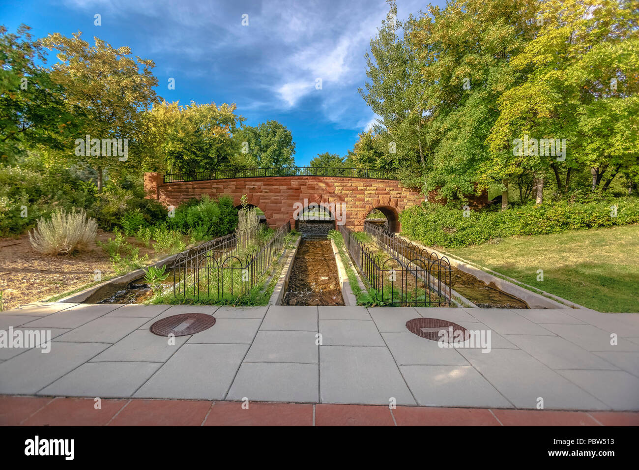 Views of waterways and Pedestrian bridge Stock Photo