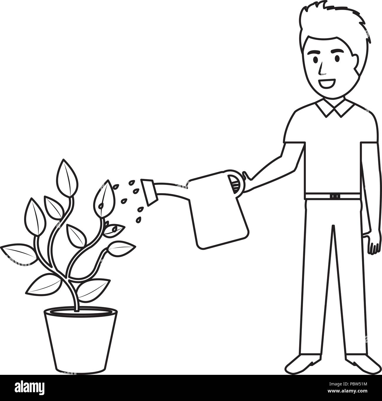 man cultivating plant with watering pot vector illustration design Stock Vector