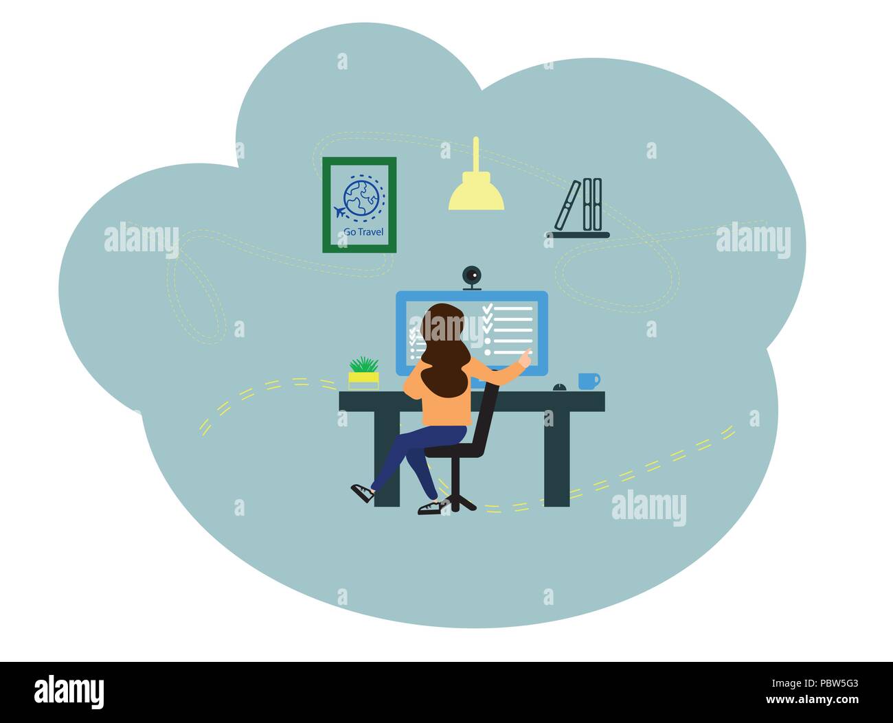 Vector illustration, flat style. Girl online assistant at work, promotion in the network, manager at remote work. A woman works behind a computer Stock Vector