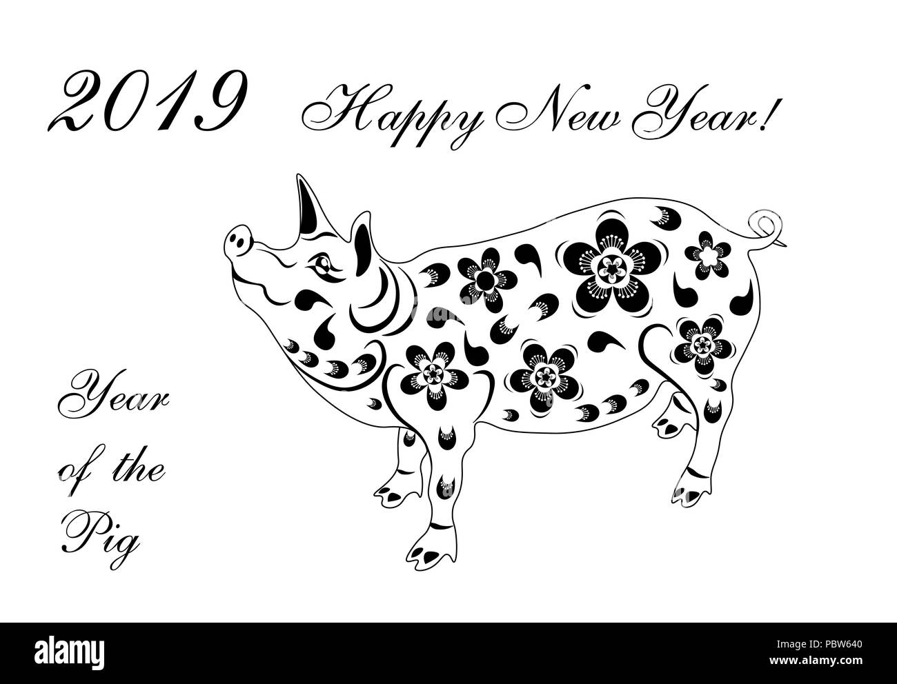 2019 Zodiac Pig. Chinese new year pig brings prosperity and good luck. Black and white illustrator Stock Vector