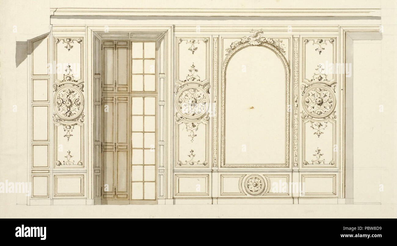 Wall Elevation with French Window, Mirror and Panelling. For the Château de Meudon Stock Photo