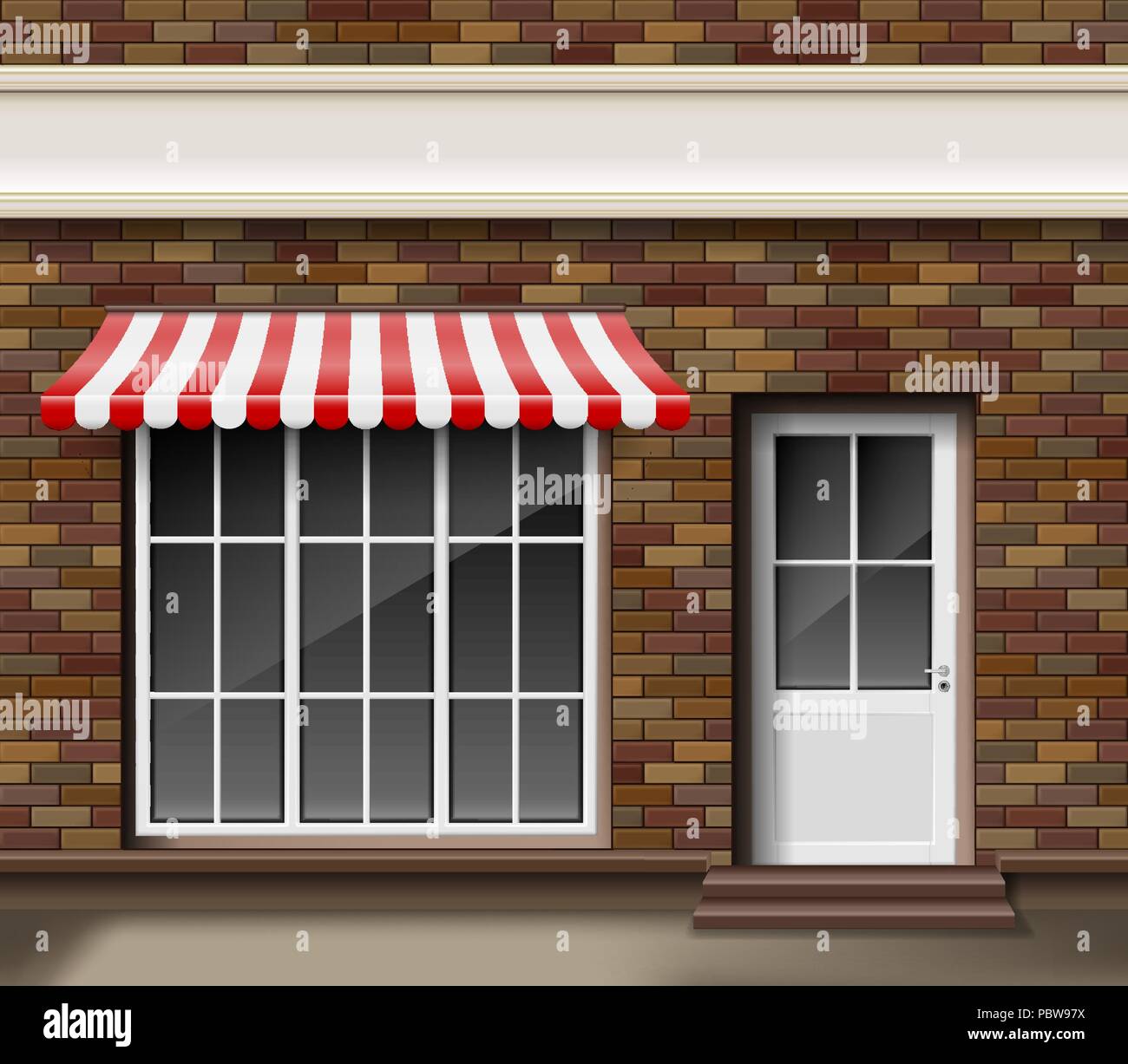 Brick small 3d store or boutique front facade. Exterior boutique shop with big window. Blank mockup of stylish realistic street shop. Vector illustration Stock Vector