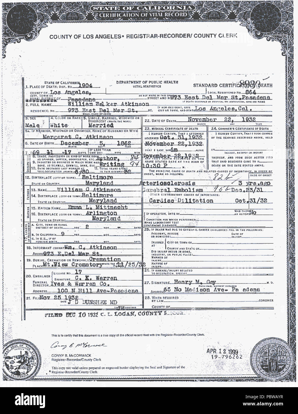 156 Death Certificate for William Walker Atkinson Stock Photo - Alamy