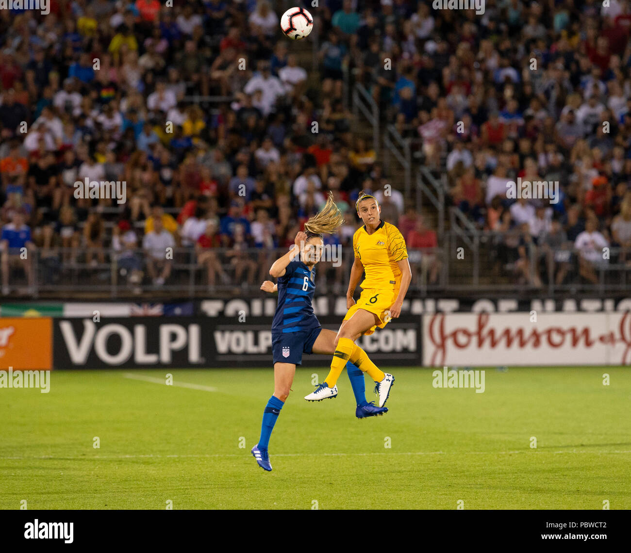 East Hartford, Connecticut, USA. July 29, 2018: Morgan Brian (6) of USA and Chloe Logarzo (8) of Australia fight for ball during Tournament of Nations game at Pratt & Whitney stadium Game ended in draw 1 - 1 Credit: lev radin/Alamy Live News Stock Photo