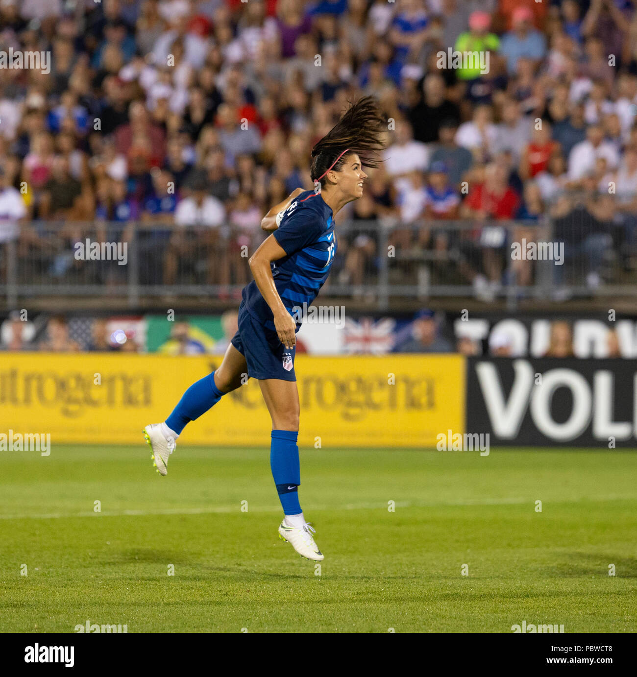 East Hartford, Connecticut, USA. July 29, 2018: Alex Morgan (13) of USA kicks ball during Tournament of Nations game against Australia at Pratt & Whitney stadium Game ended in draw 1 - 1 Credit: lev radin/Alamy Live News Stock Photo