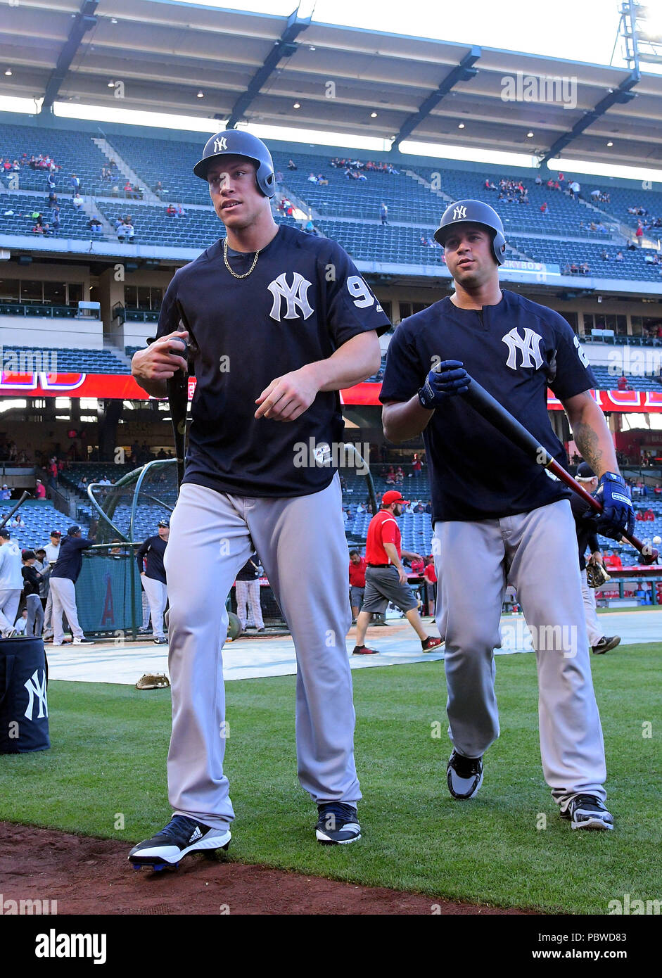 Aaron Judge (L) and Gary Sanchez of the New York Yankees during