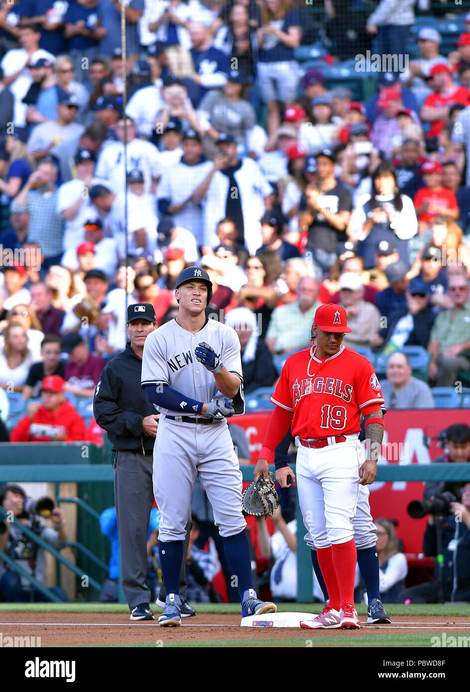 New York Yankees right fielder Aaron Judge stands on first base with Los  Angeles Angels first baseman Jefry Marte during the Major League Baseball  game at Angel Stadium in Anaheim, California, United