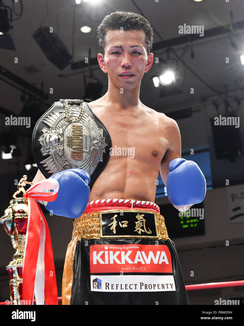 Tokyo, Japan. 27th July, 2018. Shingo Wake (JPN) Boxing : Shingo Wake of Japan poses with his champion belt after winning super title bout at Korakuen Hall in Tokyo,
