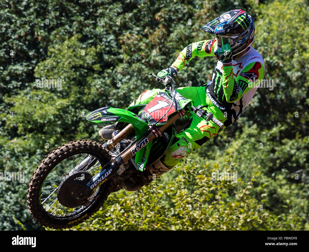 Washougal, WA USA. 28th July, 2018. # 1 Eli Tomac get air coming off of jump 21 during the Lucas Oil Pro Motocross Washougal National 450 class championship at Washougal, WA Thurman James/CSM/Alamy Live News Stock Photo