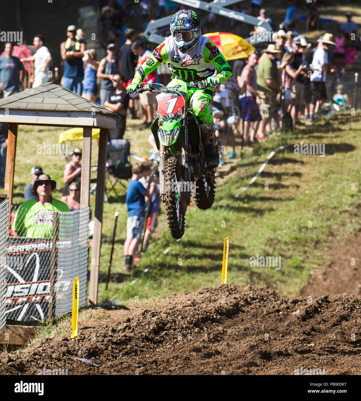 Washougal, WA USA. 28th July, 2018. # 1 Eli Tomac get air coming off of jump 22 during the Lucas Oil Pro Motocross Washougal National 450 class championship at Washougal, WA Thurman James/CSM/Alamy Live News Stock Photo