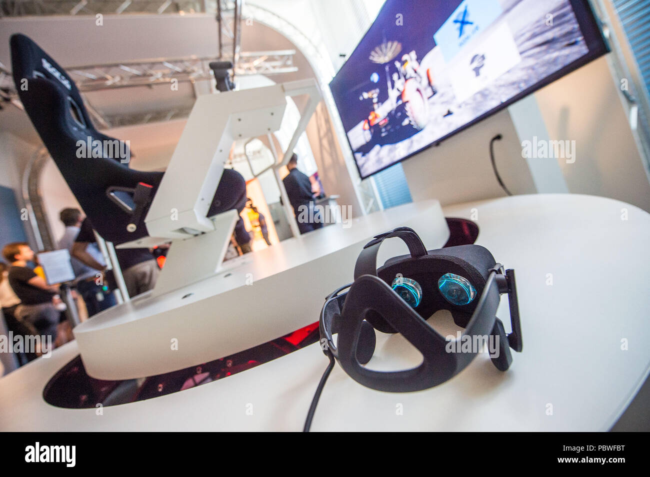 Munich, Germany. 30th July, 2018. VR glasses lie on a table in the new  VRlab. On 01 August, the new VRlab (Virtual Reality) opens in the Deutsches  Museum with two adventure areas