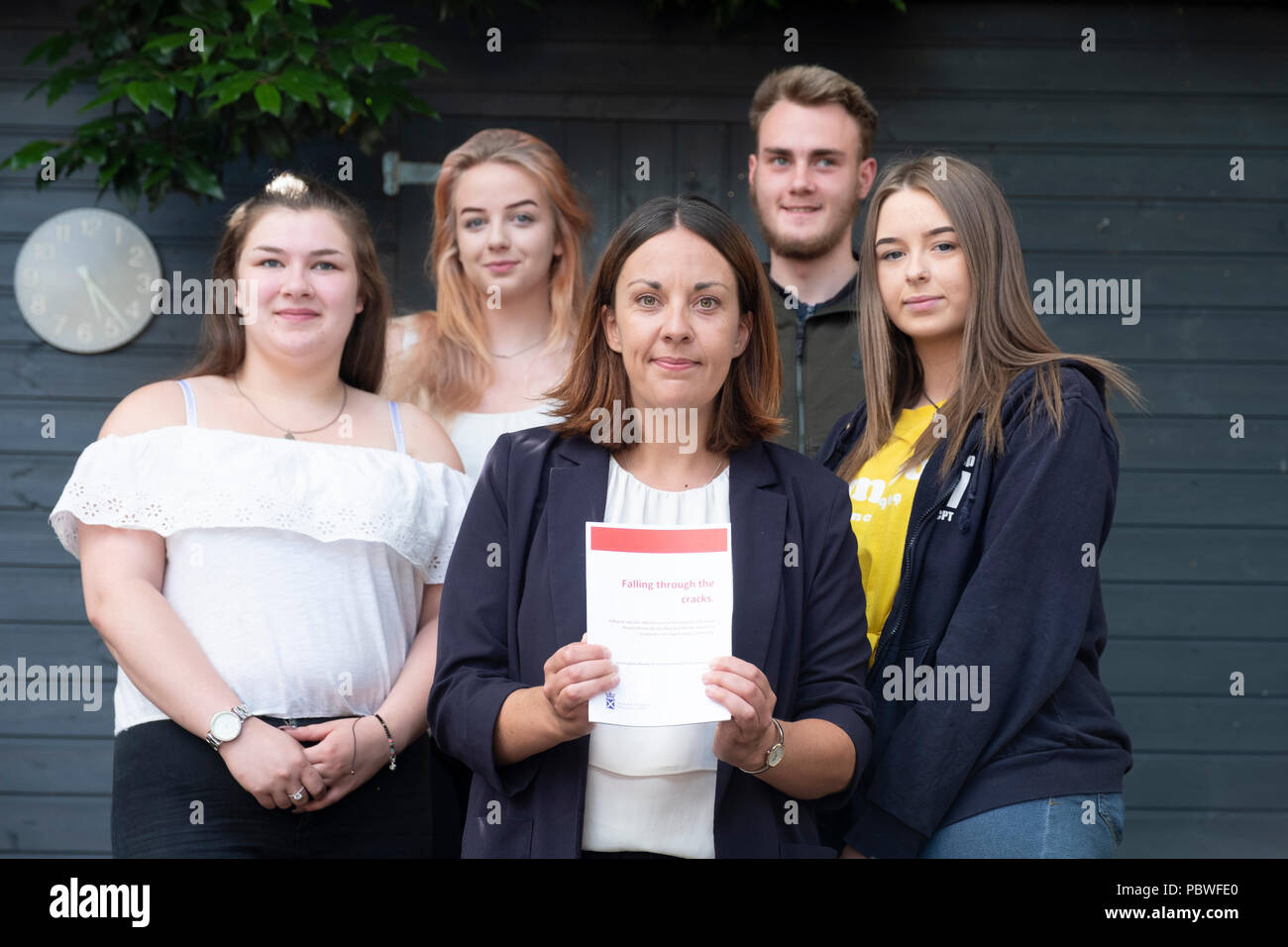 Edinburgh, Scotland, UK; 30 July , 2018. Lothian Labour MSP Kezia Dugdale launches major new report, ÒFalling through the cracksÓ, which examines the life chances of care-experienced young people in Scotland at the 6VT, Edinburgh City Youth CafŽ in Edinburgh today. Pictured L to R; Roseanna Campbell, 19, Katherine Grindley, 16, Kezia Dugdale MSP, Darren Telford, 17, Sarah-Louise Kelegher, 16. Credit: Iain Masterton/Alamy Live News Stock Photo