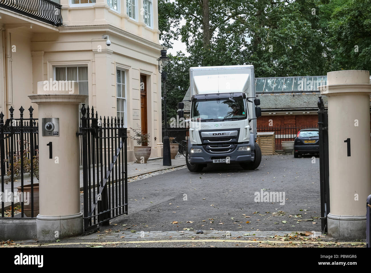 Carlton Gardens, Westminster, London, UK, 30th July 2018. Removal vans are  seen leaving at Former Foreign Secretary Boris Johnson's London residence  in Carlton Gardens, Westminster. Johnson had been due to vacate the