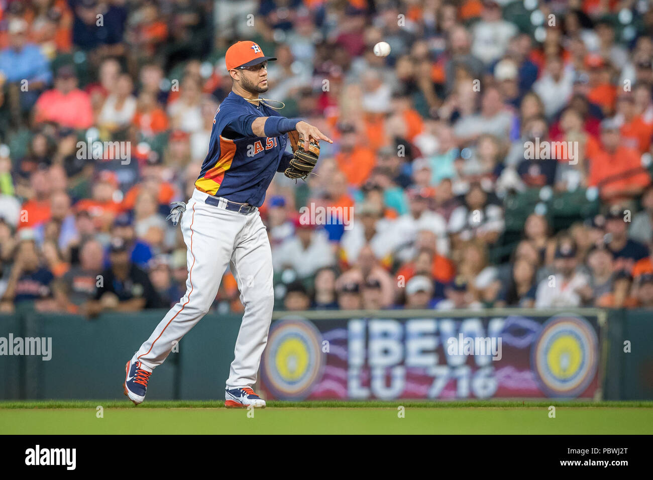 Houston, Texas, USA. 29th July, 2018. Texas Rangers fan Michael Kahlig  waits for autographs prior to the Major League Baseball game between the Texas  Rangers and the Houston Astros at Minute Maid