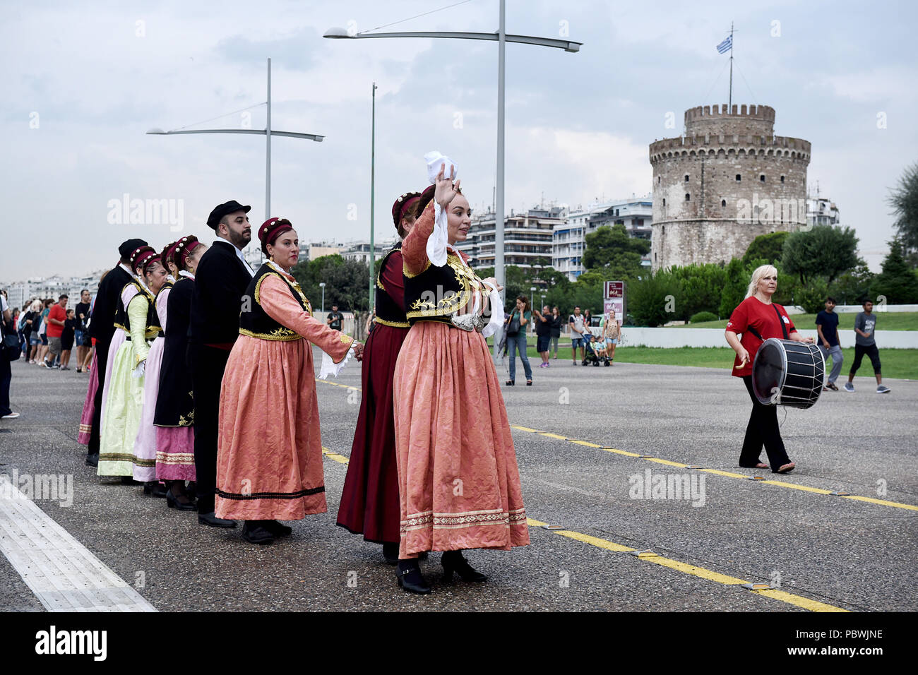 Thessaloniki, Greece. 30th July, 2018. People dressed in traditional costumes dance at the