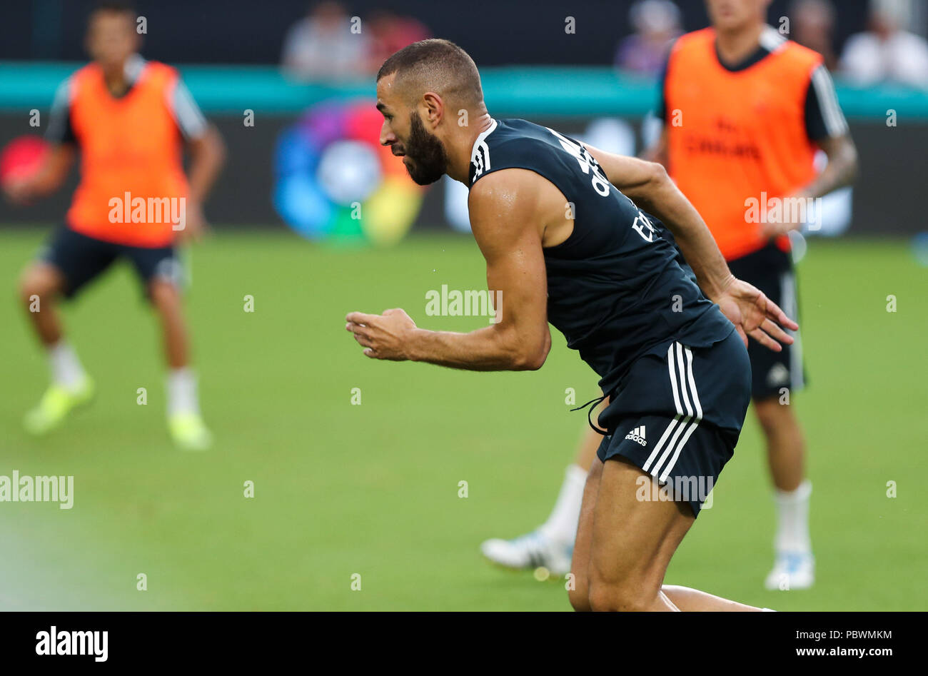 Miami Gardens, Florida, USA. 30th July, 2018. Real Madrid C.F. forward Karim Mostafa Benzema in action during an open training session for the International Champions Cup match between Real Madrid C.F. and Manchester United F.C. at the Hard Rock Stadium in Miami Gardens, Florida. Credit: Mario Houben/ZUMA Wire/Alamy Live News Stock Photo