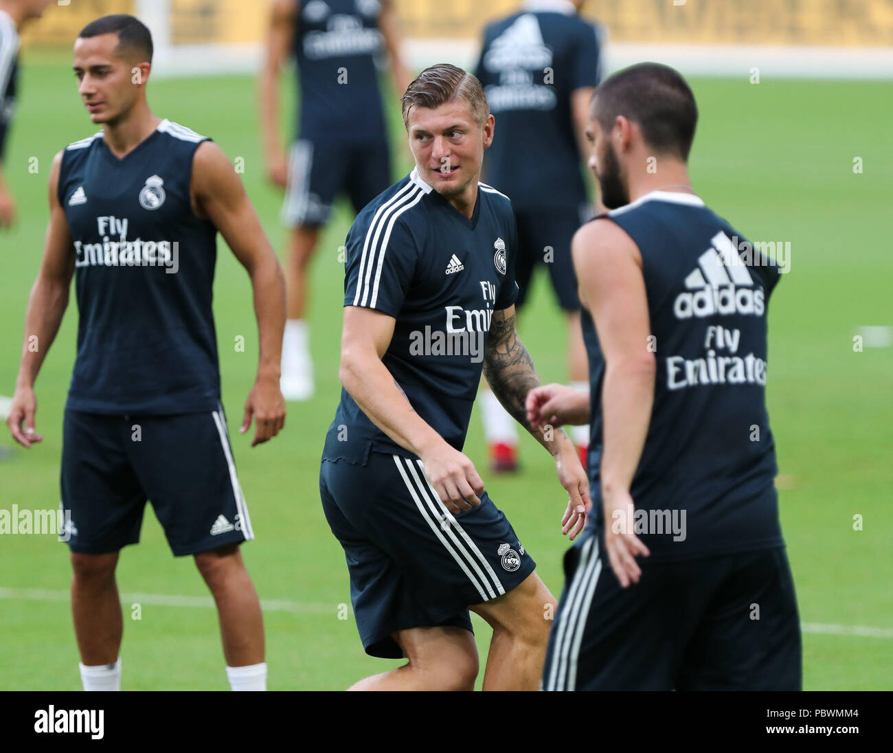 Miami Gardens, Florida, USA. 30th July, 2018. Real Madrid C.F. midfielder Toni Kroos in action (center) during a team's open training session for the International Champions Cup match between Real Madrid C.F. and Manchester United F.C. at the Hard Rock Stadium in Miami Gardens, Florida. Credit: Mario Houben/ZUMA Wire/Alamy Live News Stock Photo