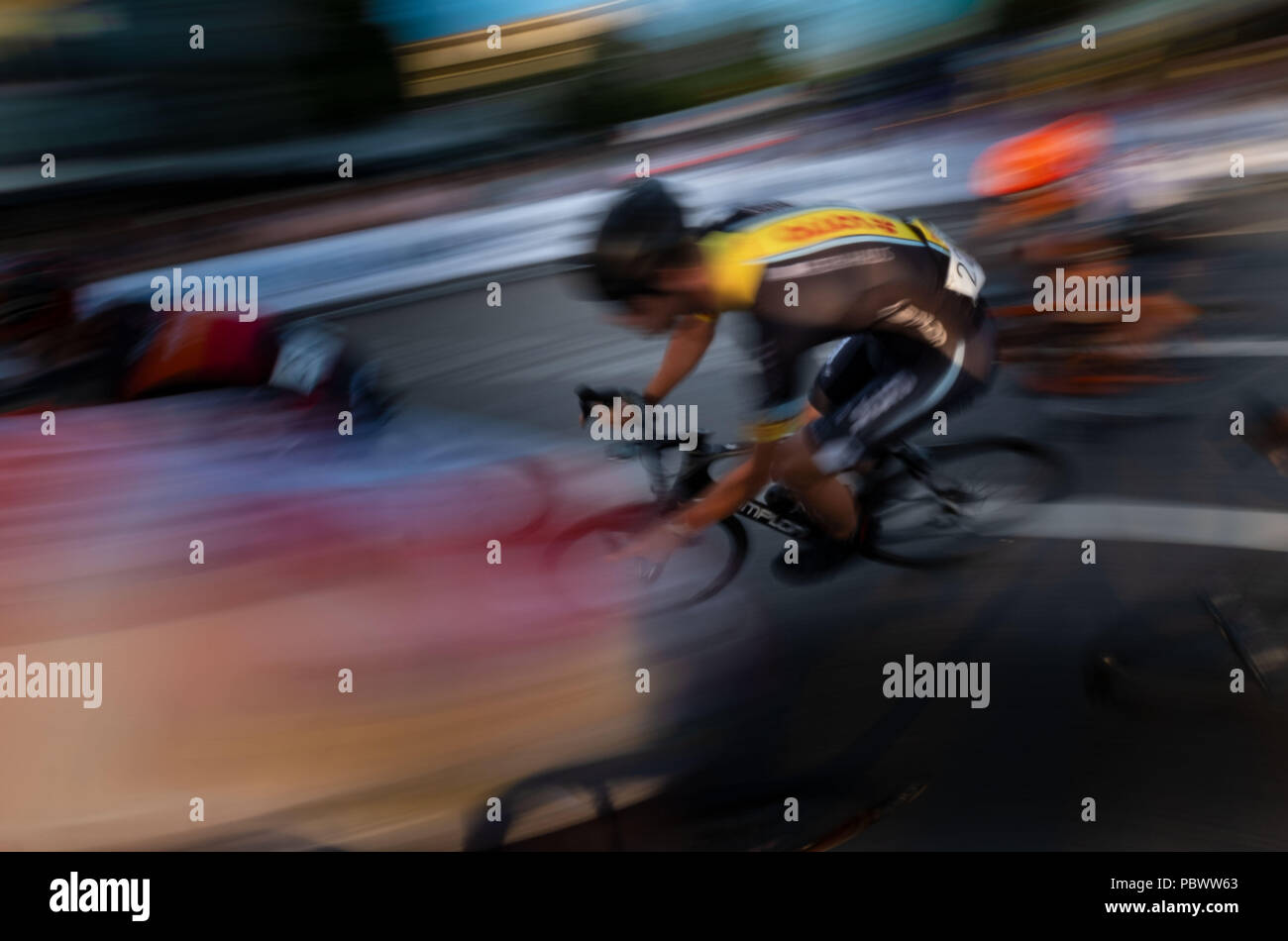 Hanover, Germany. 30th July, 2018. 30.07.2018, Lower Saxony, Hanover: Cycling: Professional cyclist Jonas Rutsch, Team Lotto - Kern Haus, rides the approximately 850-metre circuit in front of the New Town Hall in Hanover during the "Die Nacht" race. Credit: Peter Steffen/dpa/Alamy Live News Stock Photo