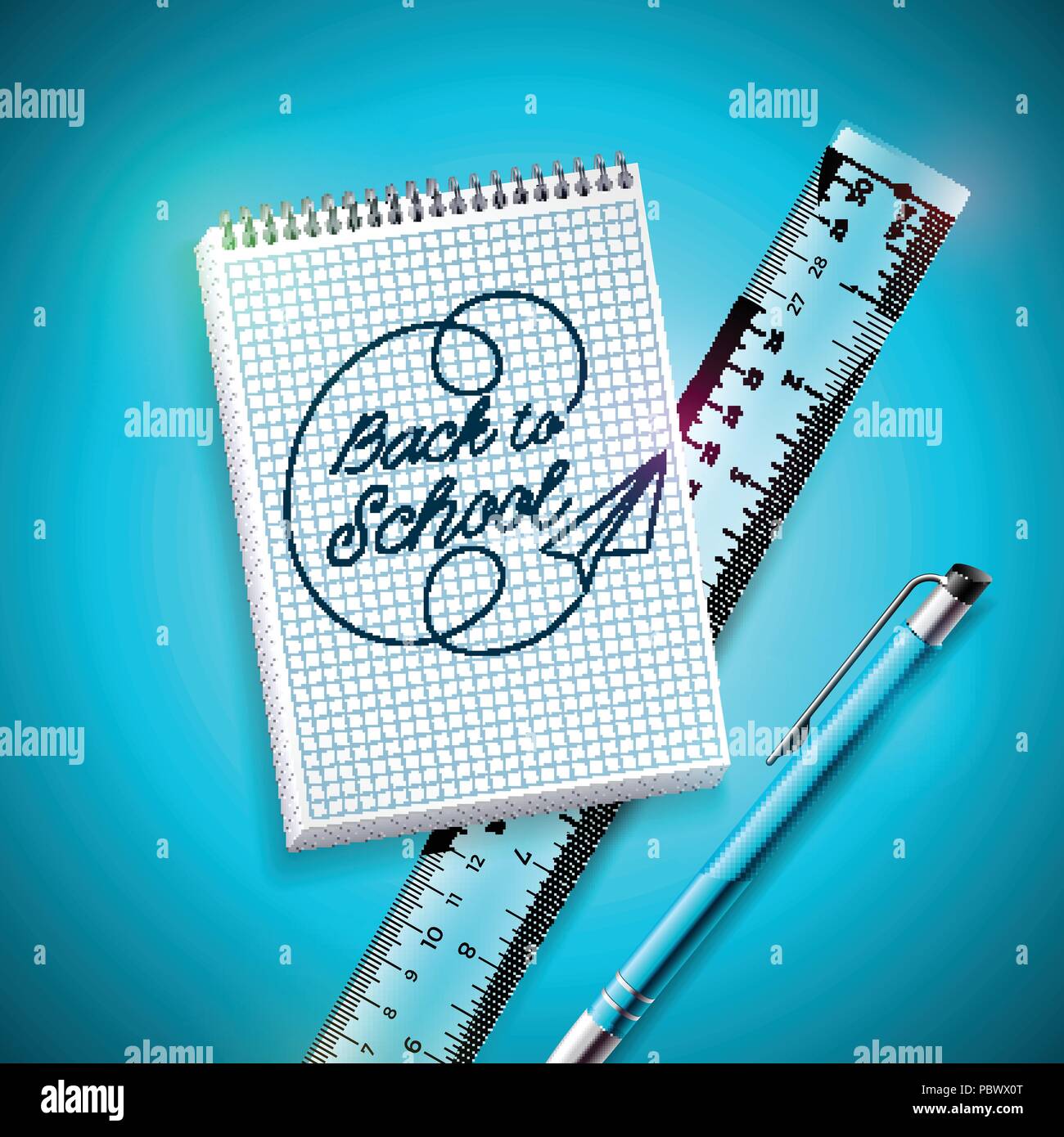 Back to school design with pen, ruler and notebook on blue background. Vector illustration with hand lettering for greeting card, banner, flyer, invitation, brochure or promotional poster. Stock Vector