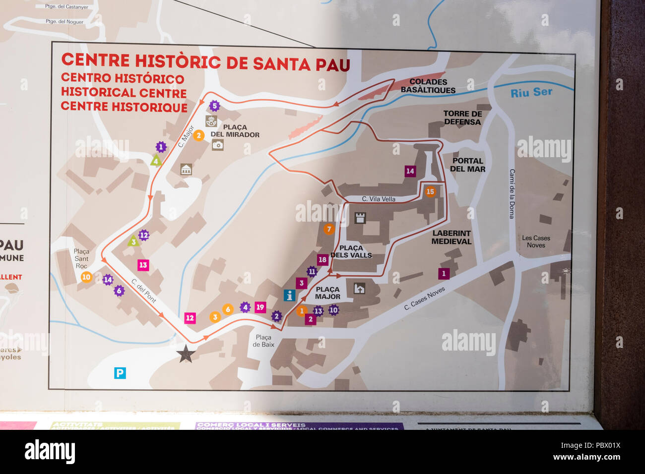 Information boards with plans and drawings of the old medieval center of the village of Santa Pau in the Garrotxa volcanic zone, Catalunya, Spain Stock Photo