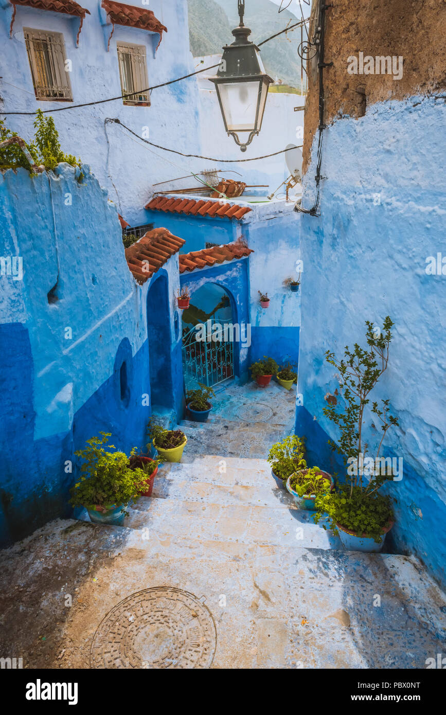 Amazing street view of blue city Chefchaouen. Location: Chefchaouen, Morocco, Africa Stock Photo