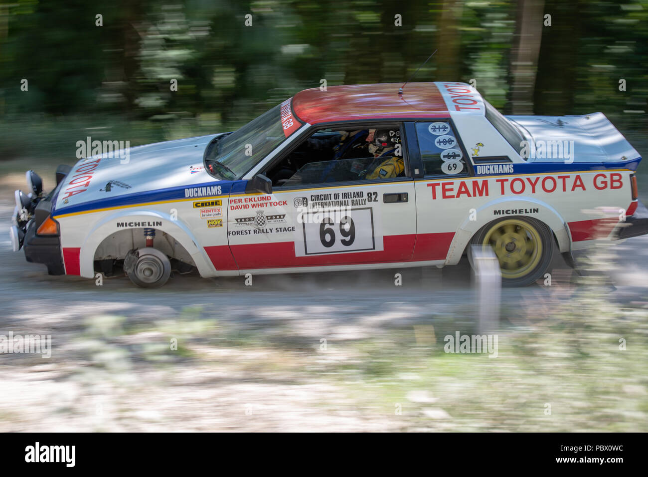 Toyota Celica RA63 Rally Car Running on Three Wheels in the Forest Stages at Goodwood Festival of Speed 2018 Stock Photo