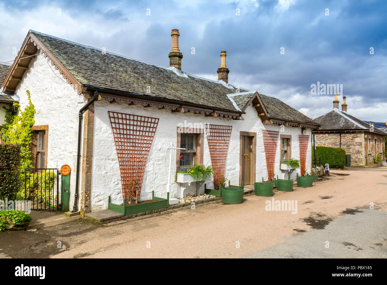 Slate roofed cottages in the conservation village of Luss on the shores of Loch Lomond, Argyll and Bute, Scotland, UK Stock Photo