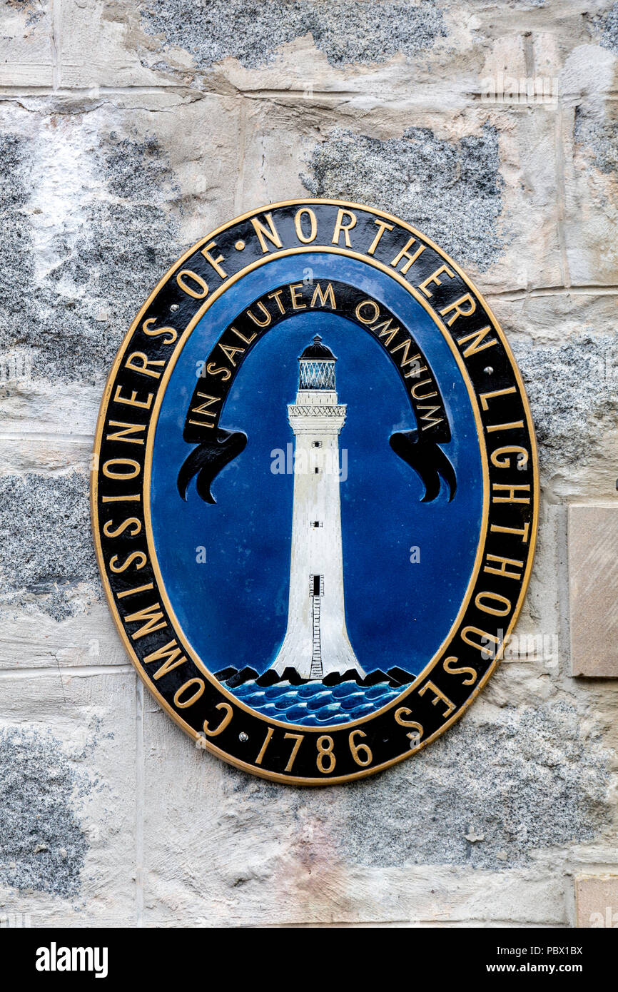 The crest of the Commissioners of Northern Lighthouses outside the Northern Lighthouse Board depot in Oban, Argyll and Bute, Scotland, UK Stock Photo