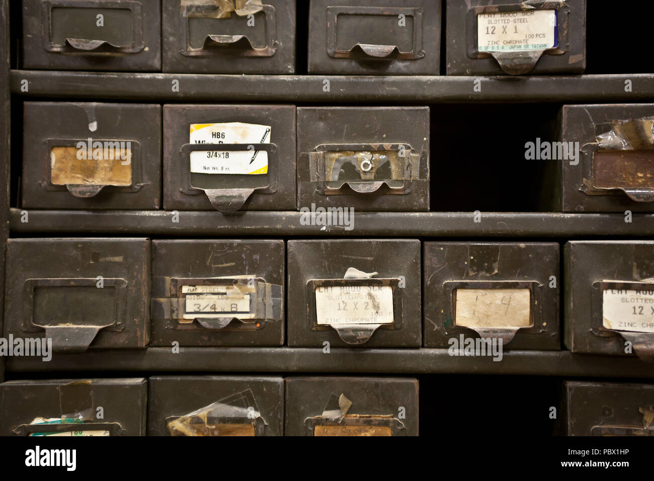 old, worn steel drawers in an abandoned factory Stock Photo