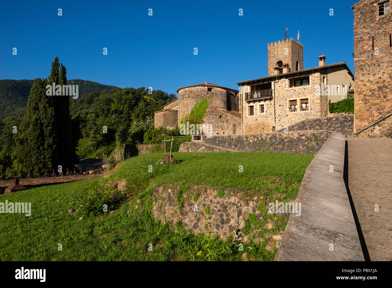 Architectural details of the old buildings in the medieval center of the village of Santa Pau, Catalunya, Spain Stock Photo