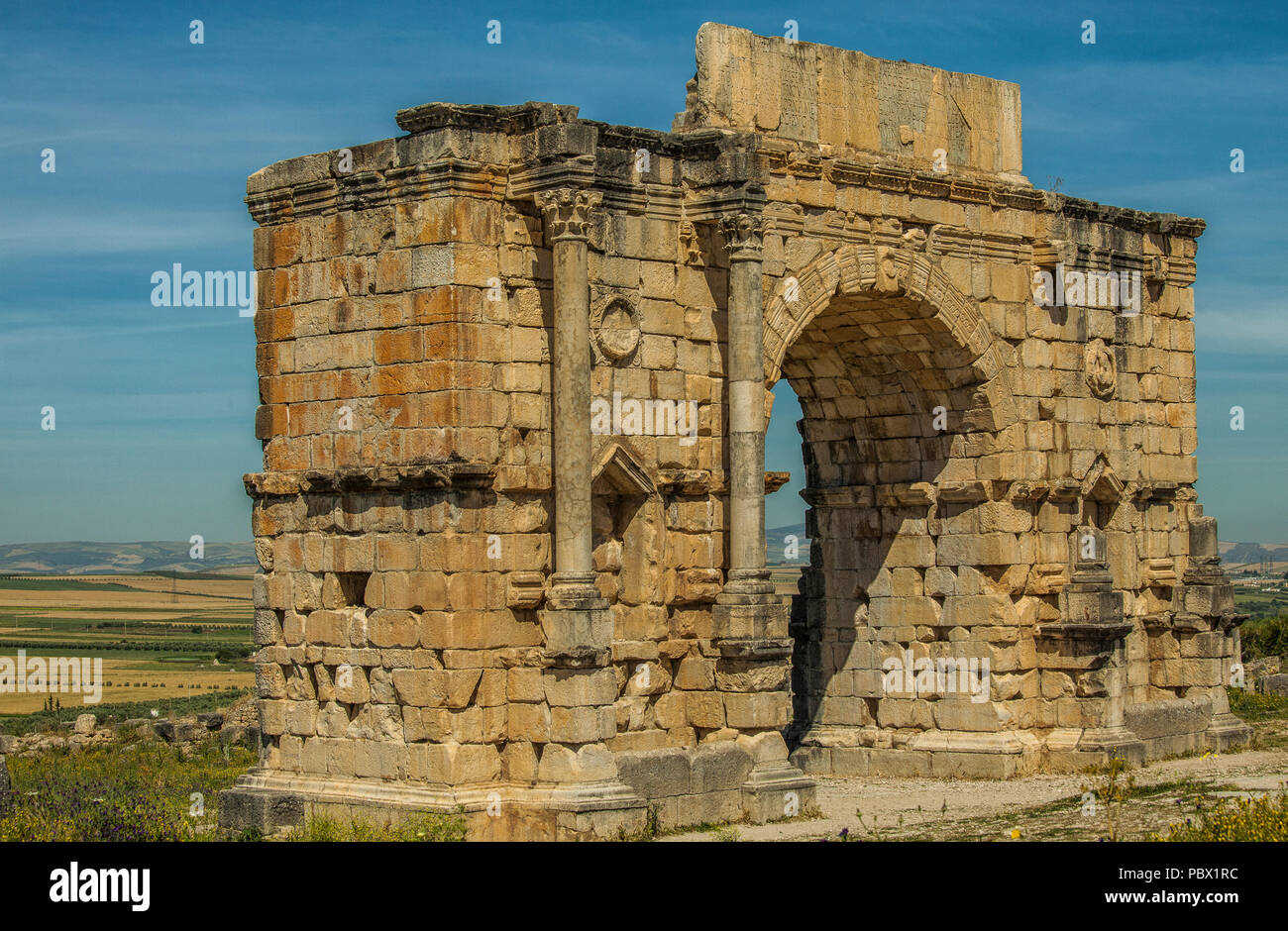 Triumphal Arch - North side of the Arch of Caracalla in Volubilis, Morocco. Built in 217 AD, The Arch of Caracalla was built in honor of the Roman Emp Stock Photo