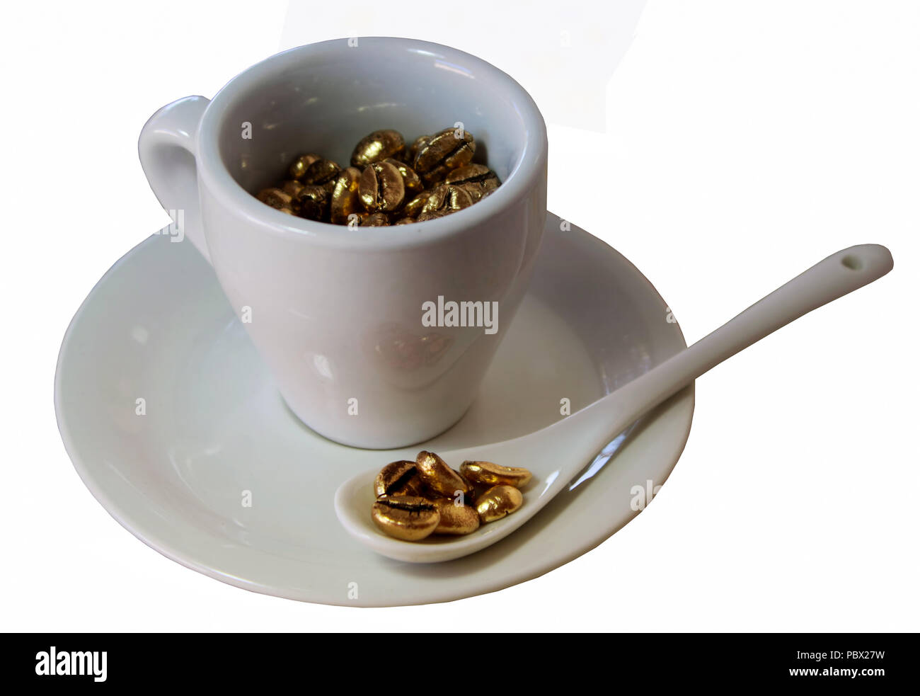 golden coffe bean whithe cup isolated bar Stock Photo