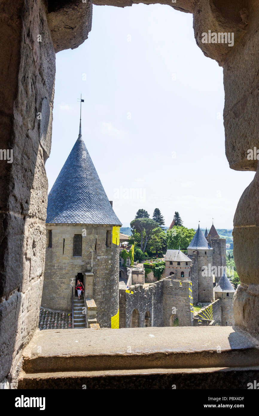 The medieval Cité of Carcassonne, French department of Aude, Occitanie Region, France.  Outer walls, ramparts, turrets and towers. Stock Photo