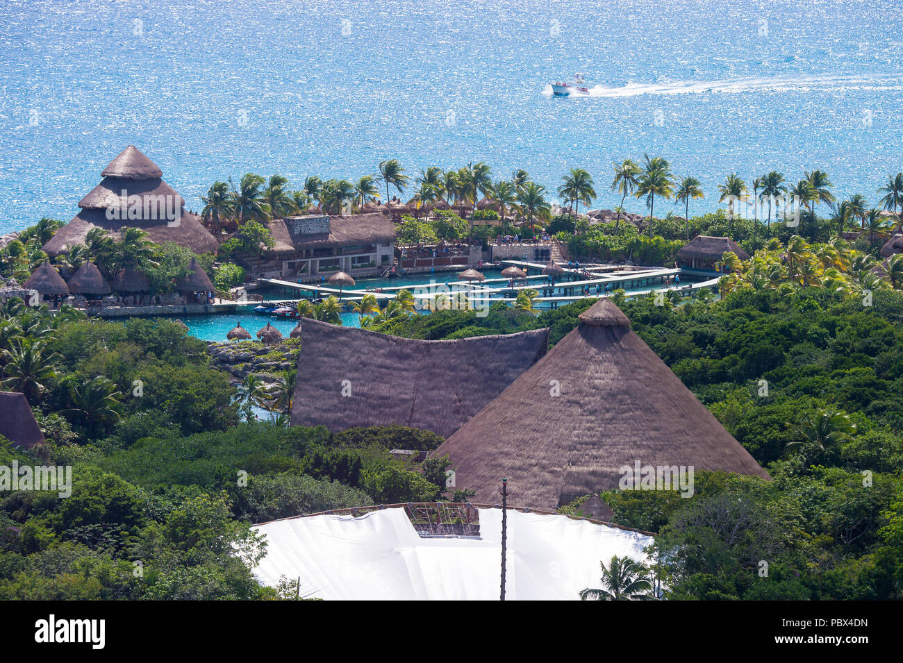 Aerial view of the Xcaret, Maya civilization archaeological site ...