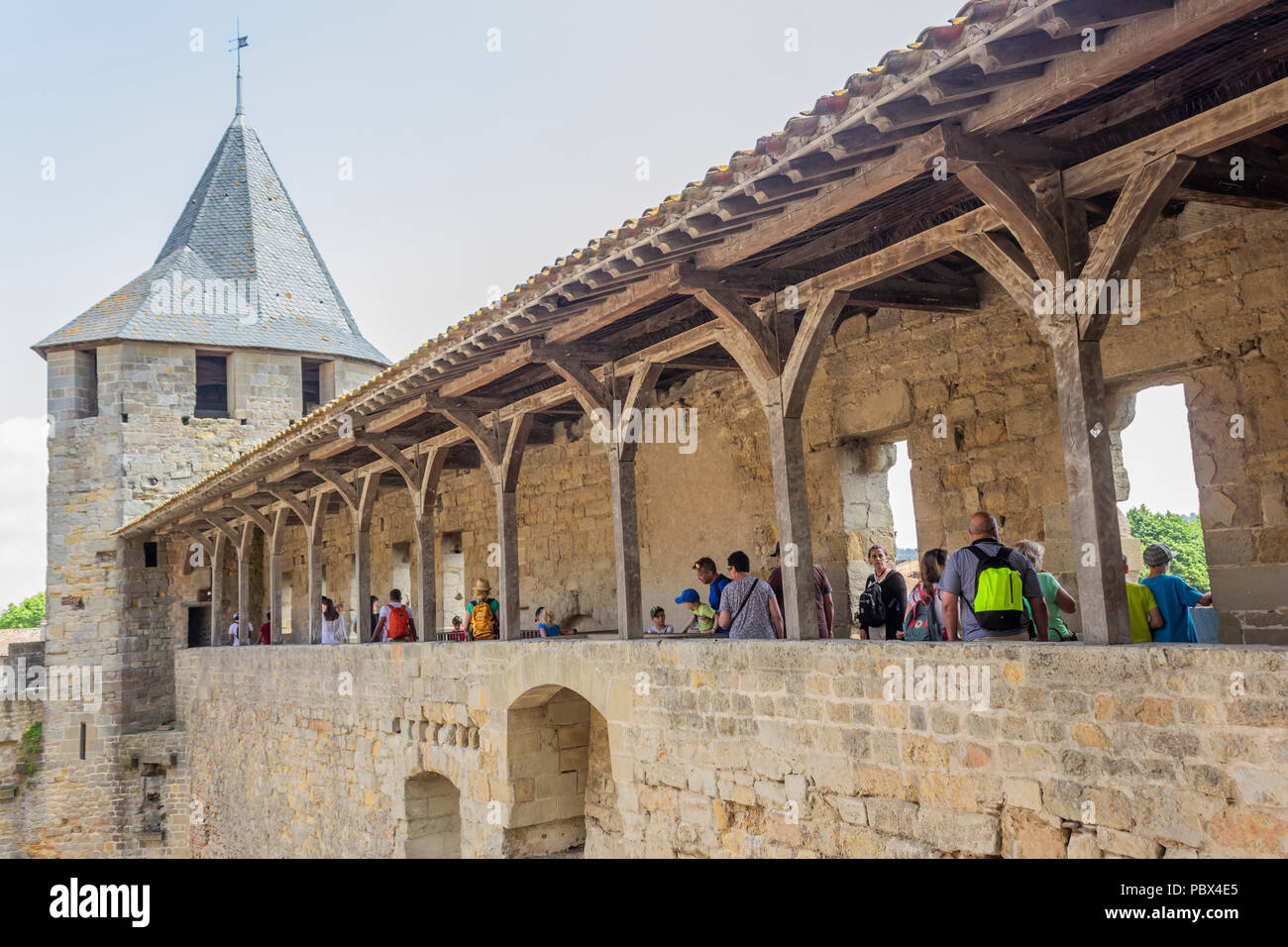 The medieval Cité of Carcassonne, French department of Aude, Occitanie Region, France. Tour des Casernes in the Chateau Comtal. Stock Photo