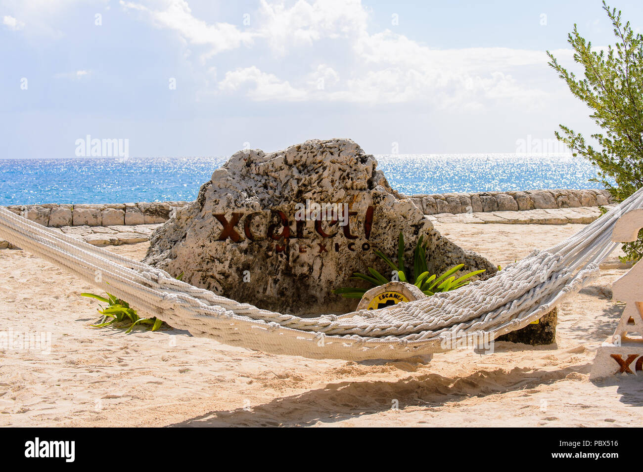 Hammock in Xcaret, Maya civilization archaeological site, Yucatan