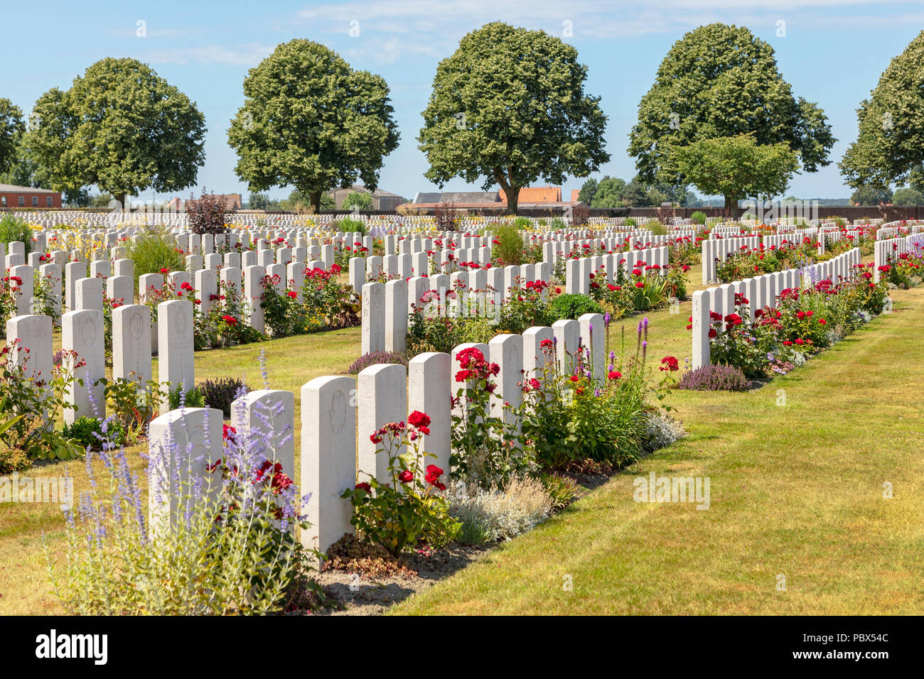 Commonwealth War graves Commission cemetery at Poelcapelle near Passchendaele, Belgium with 7500 graves including British, Canadian, Australian, New Z Stock Photo