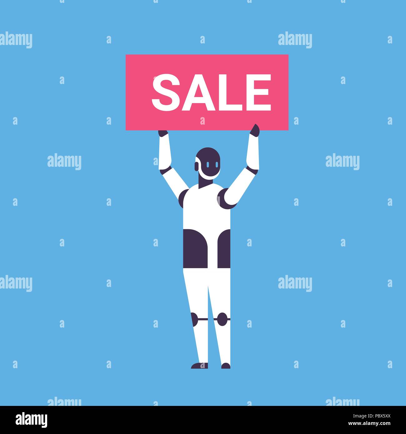 robot holding sale discount board bot helper shopping season concept artificial intelligence blue background flat full length Stock Vector