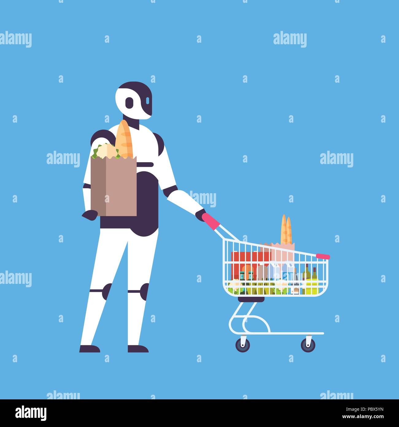 robot holding shopping cart house bot helper concept artificial intelligence blue background flat full length Stock Vector