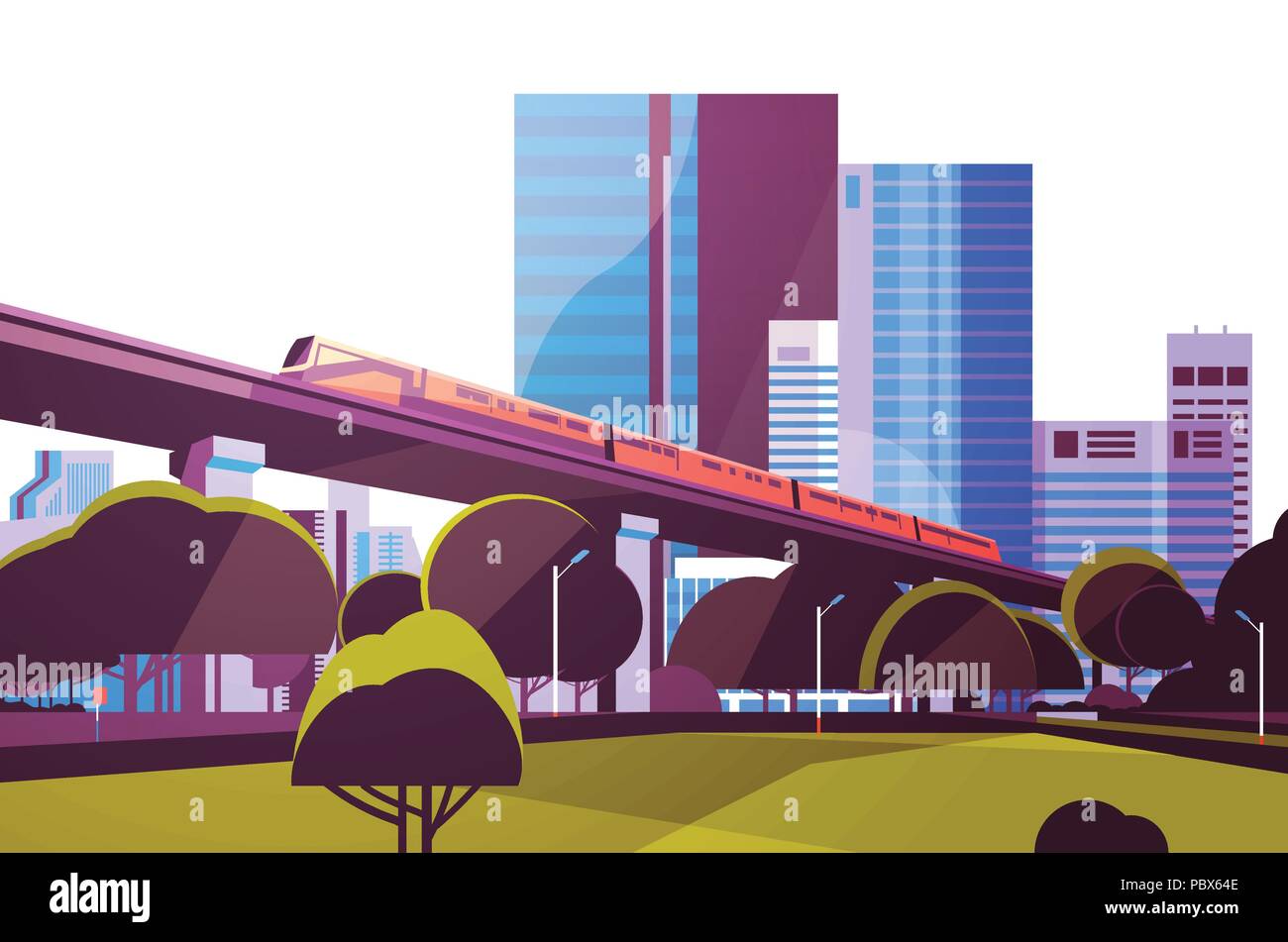 Subway monorail over city skyscraper view cityscape background skyline ...