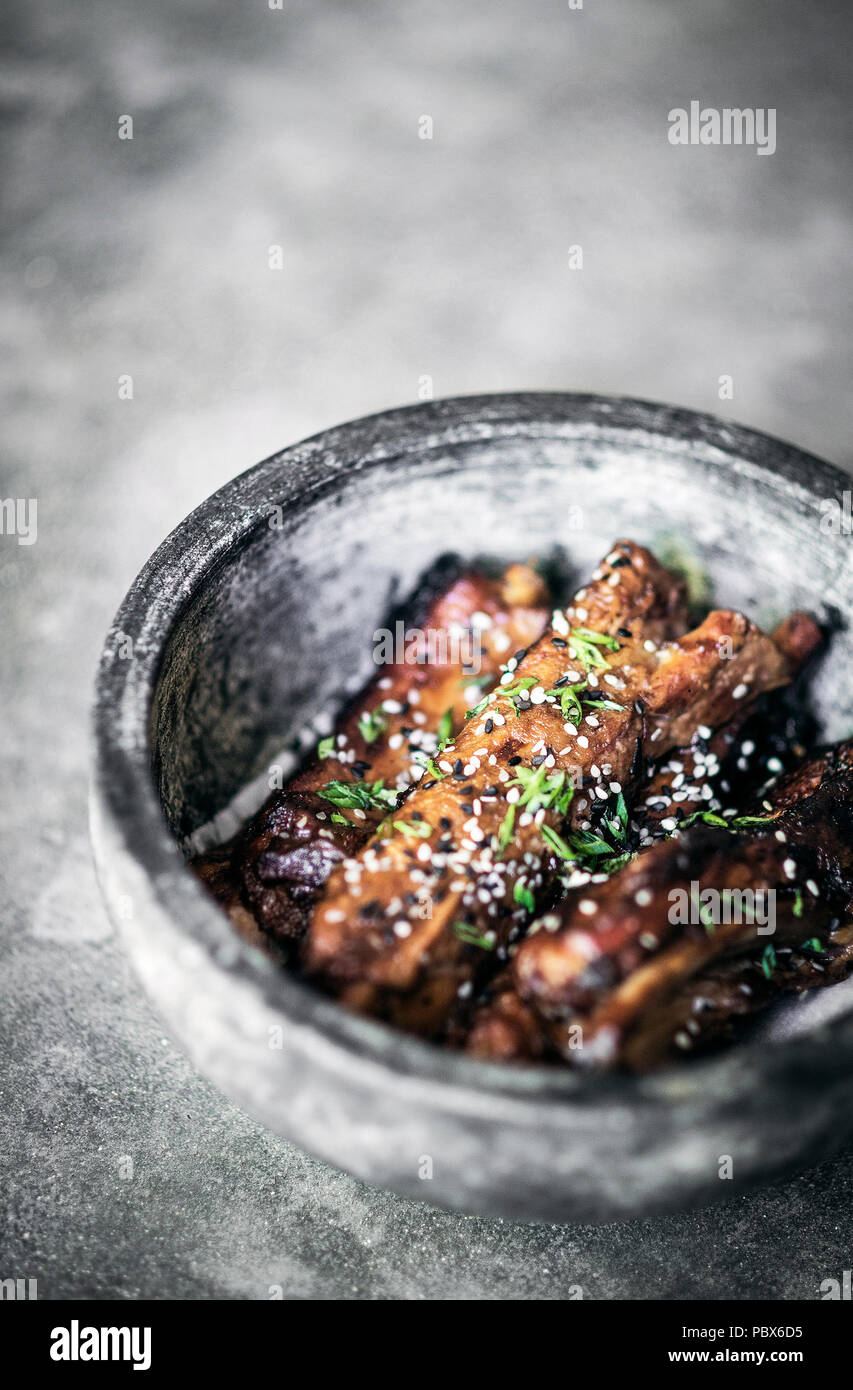 modern gourmet asian style barbeque spicy pork ribs with sweet soy sauce Stock Photo