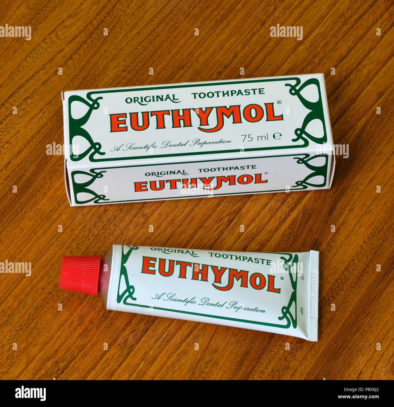 Euthymol Original Toothpaste. A scientific Dental Preparation. 75 ml. tube  and cardboard box container Stock Photo - Alamy