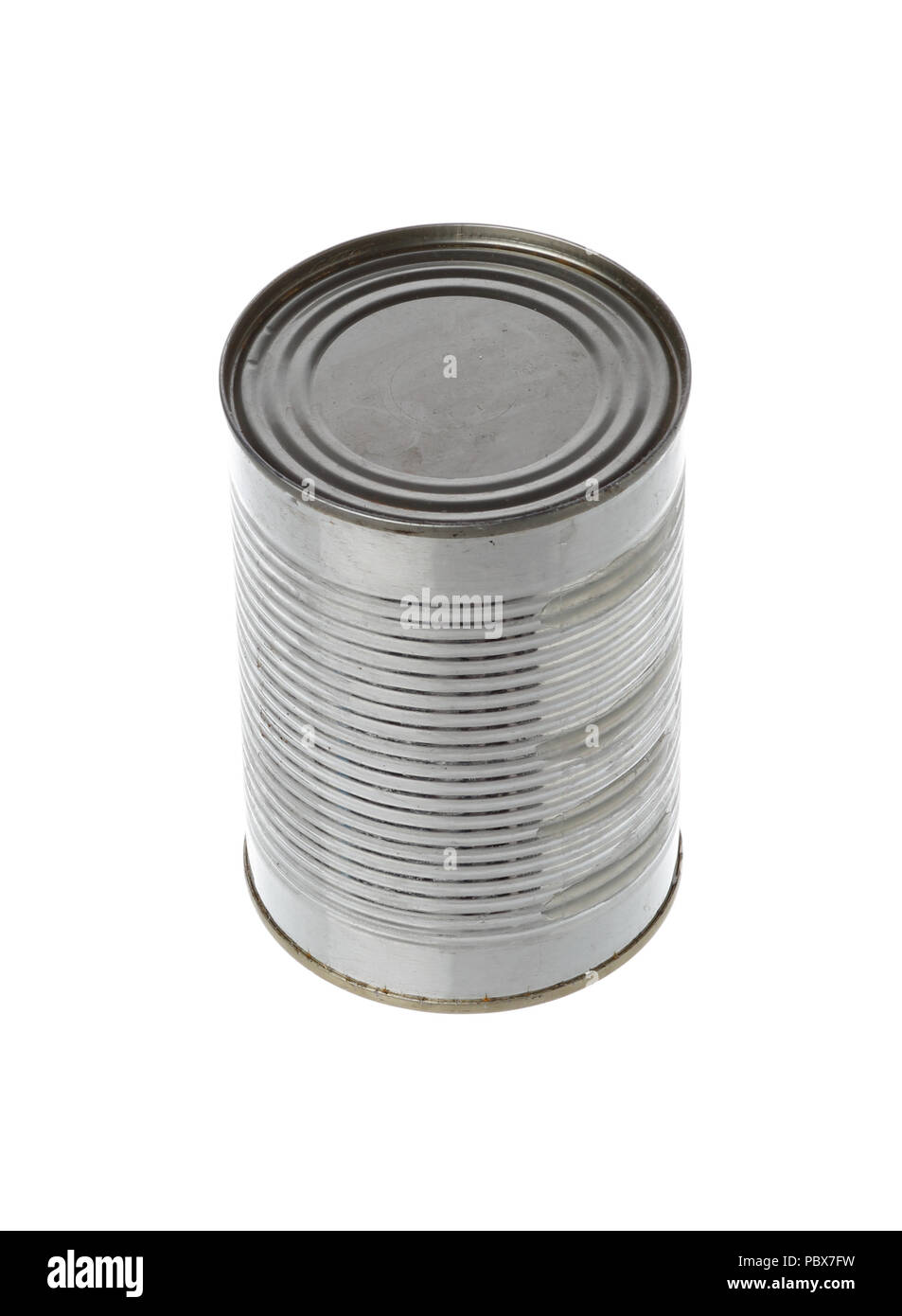 One unopened tin can with out label isolated on white background. Stock Photo