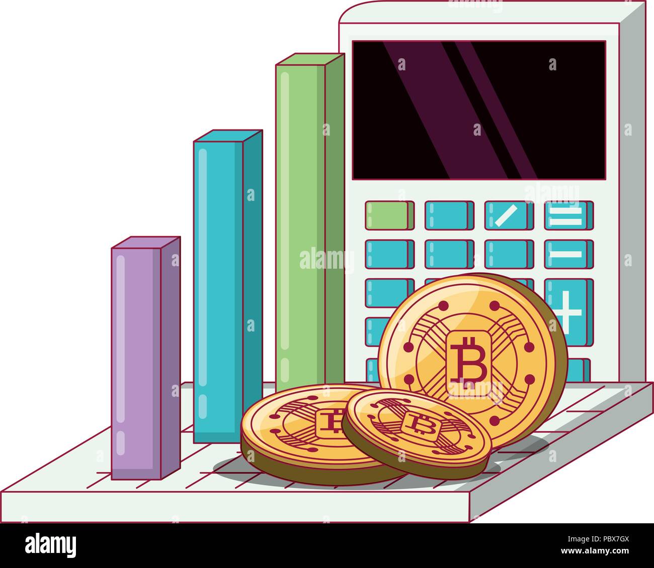 bar chart with calculator and cryptocoins over white background, vector