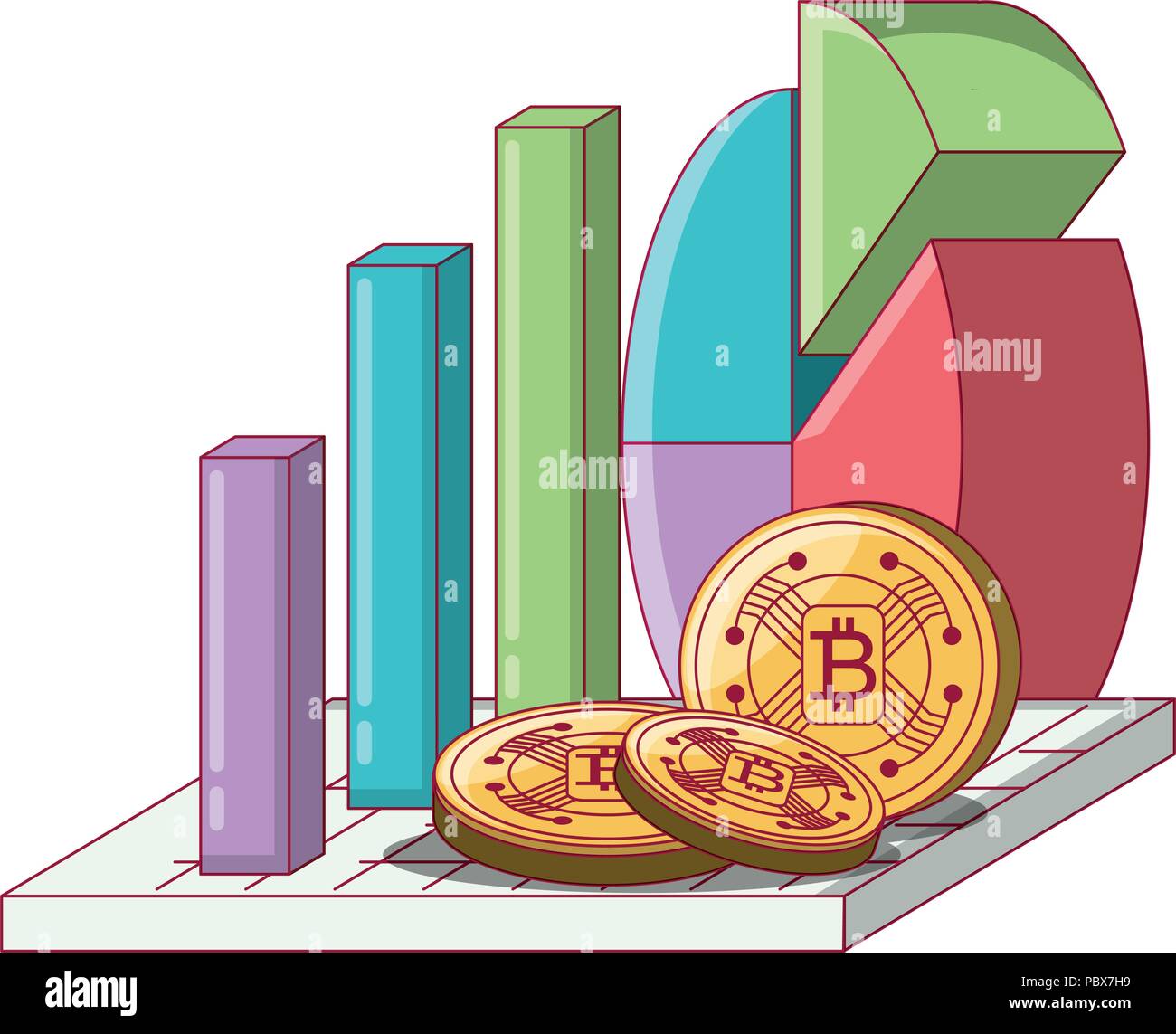 bar and pie chart with cryptocoins over white background, vector illustration Stock Vector