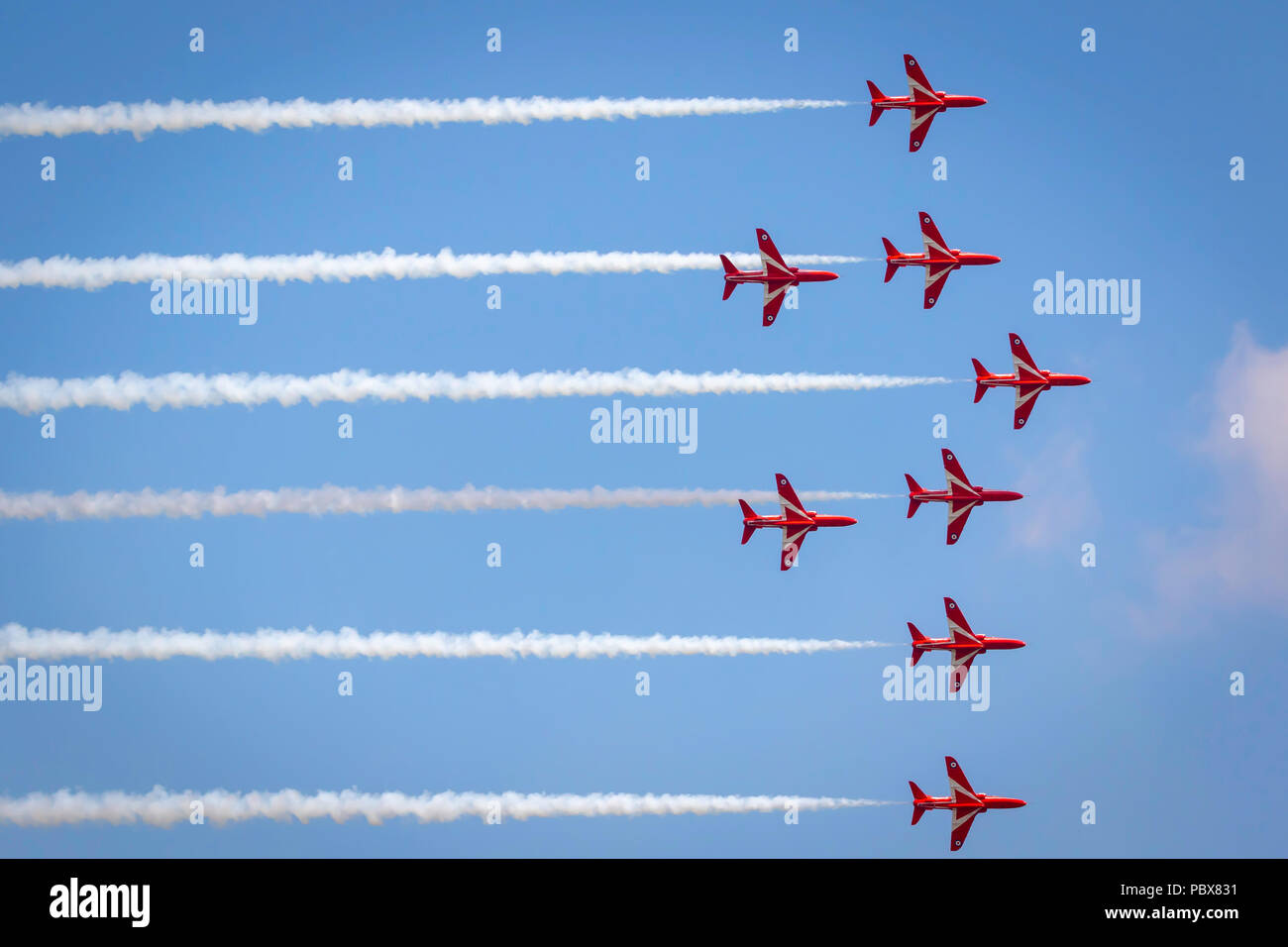 Fairford, Gloucestershire, UK - July 14th, 2018: RAF Display Team the Red Arrows Fairford International Air Tattoo 2018 in their Hawk T1 Jet Trainers Stock Photo