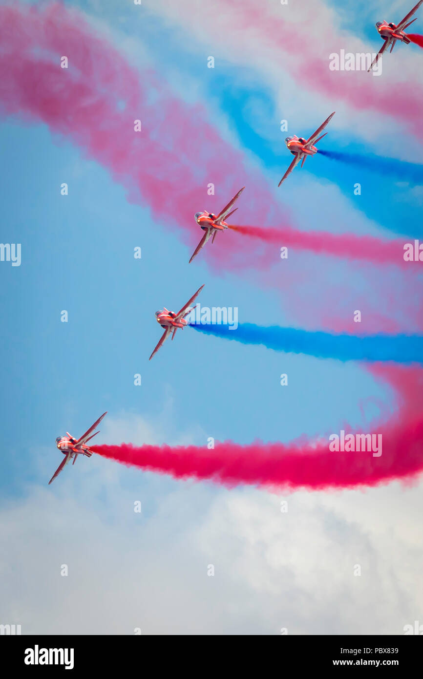 Fairford, Gloucestershire, UK - July 14th, 2018: RAF Display Team the Red Arrows Fairford International Air Tattoo 2018 in their Hawk T1 Jet Trainers Stock Photo